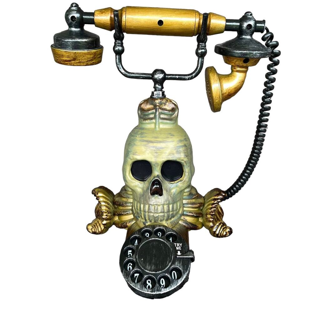 Gemmy Halloween Skull Talking Telephone Prop Glowing Red Eyes Gold Rotary Phone